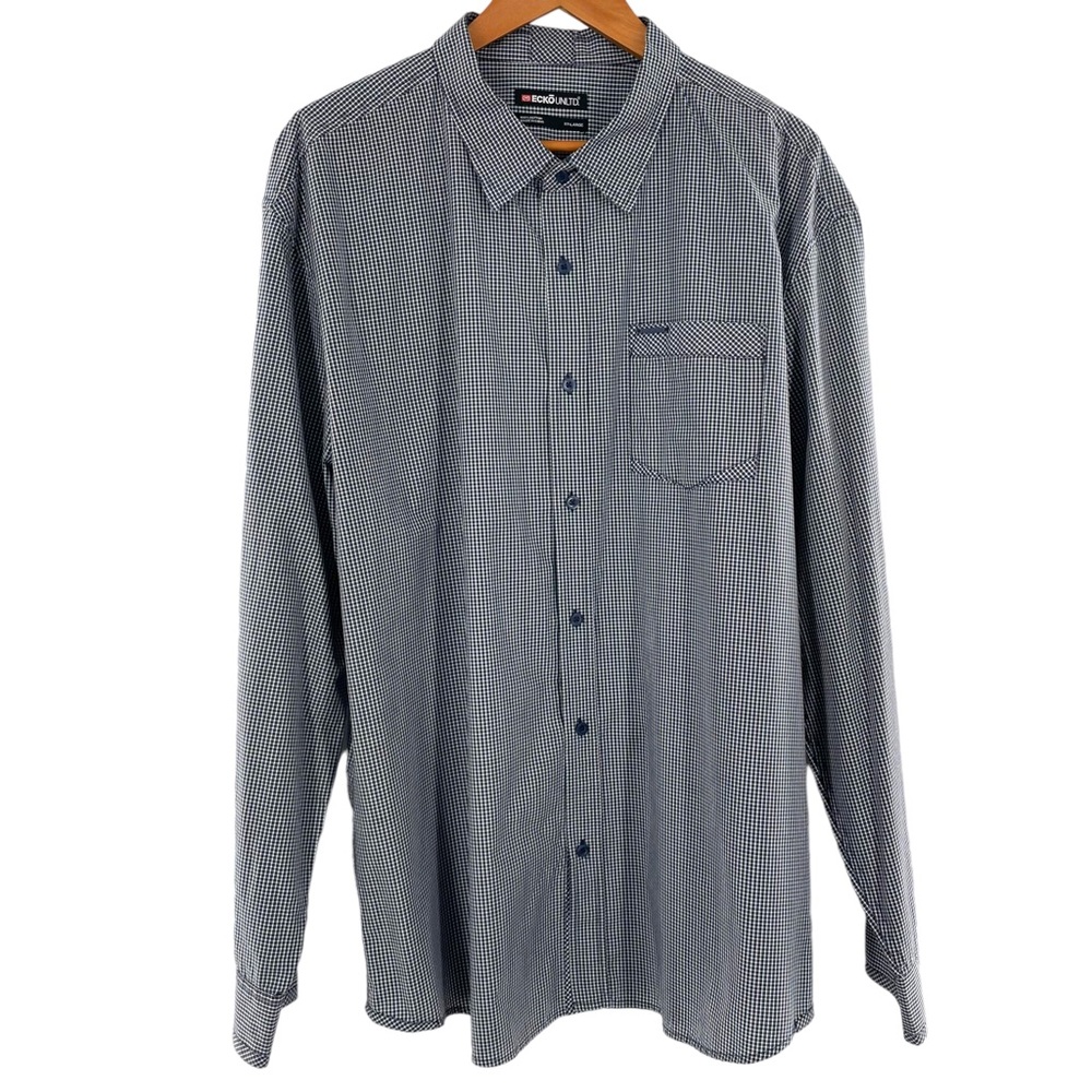 ECKO UNLTD Vintage Blue & White Gingham Long Sleeve 100% Cotton Shirt in XXL